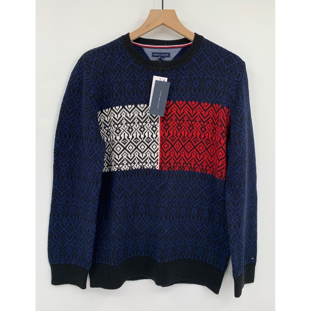 Tommy Hilfiger Sweater Boys XL 18/20 Blue Red Holiday Ski Crewneck Preppy NEW
